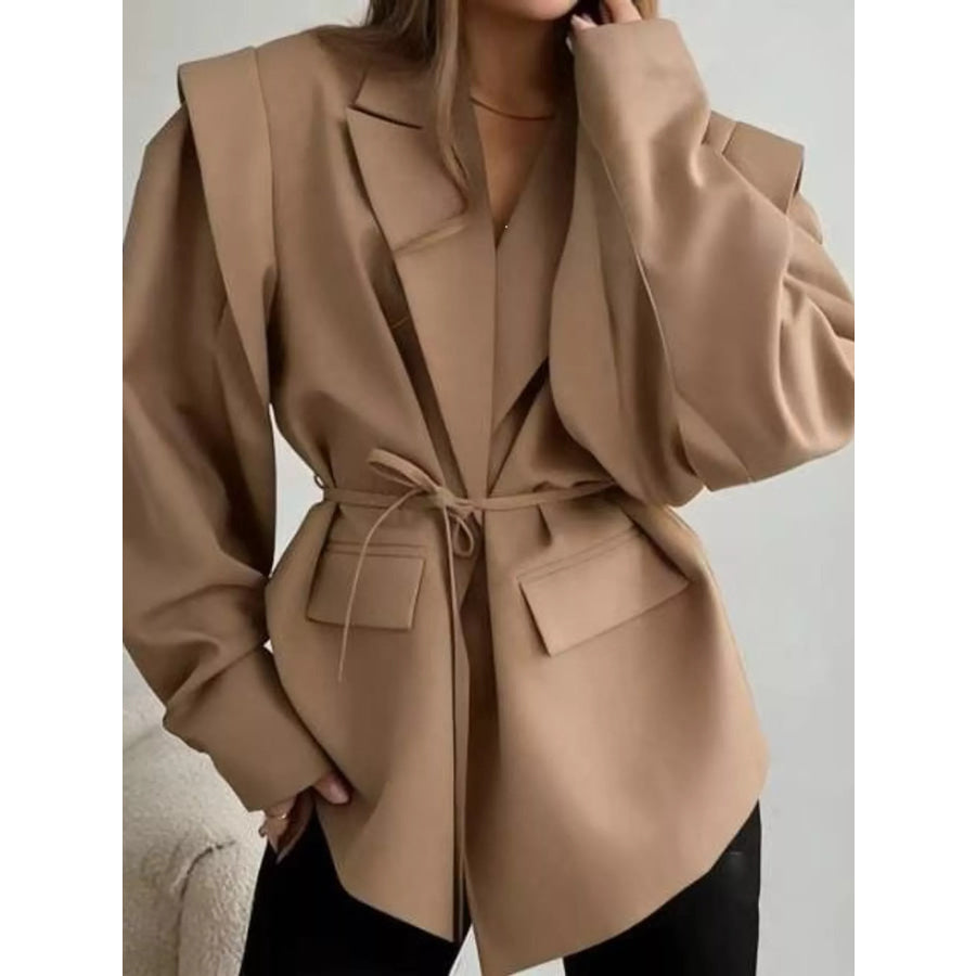 Full Size Lapel Collar Long Sleeve Blazer Plus Rose Gold / S Apparel and Accessories