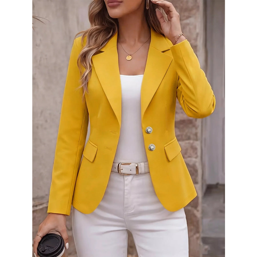 Full Size Lapel Collar Long Sleeve Blazer Plus Yellow / S Apparel and Accessories
