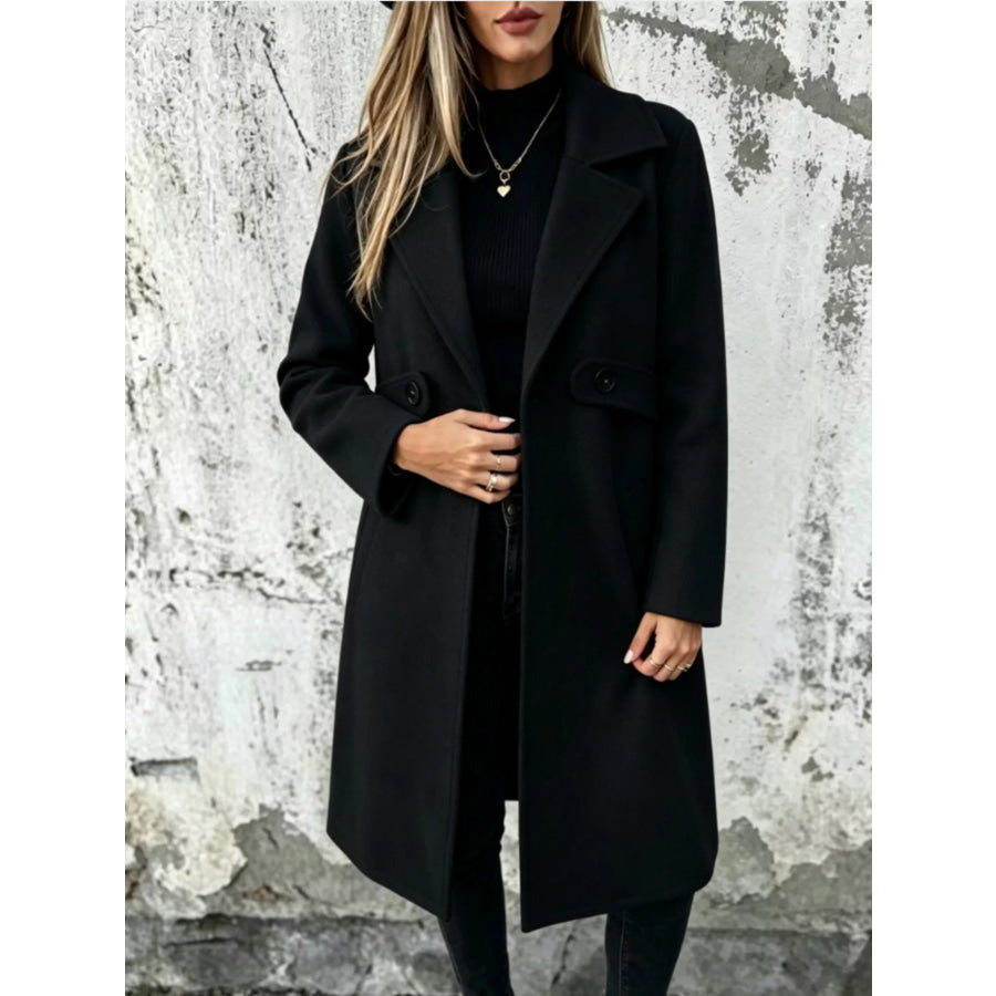 Full Size Lapel Collar Longline Overcoat Plus Black / XS Apparel and Accessories