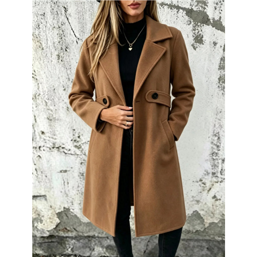 Full Size Lapel Collar Longline Overcoat Plus Dark Brown / XS Apparel and Accessories