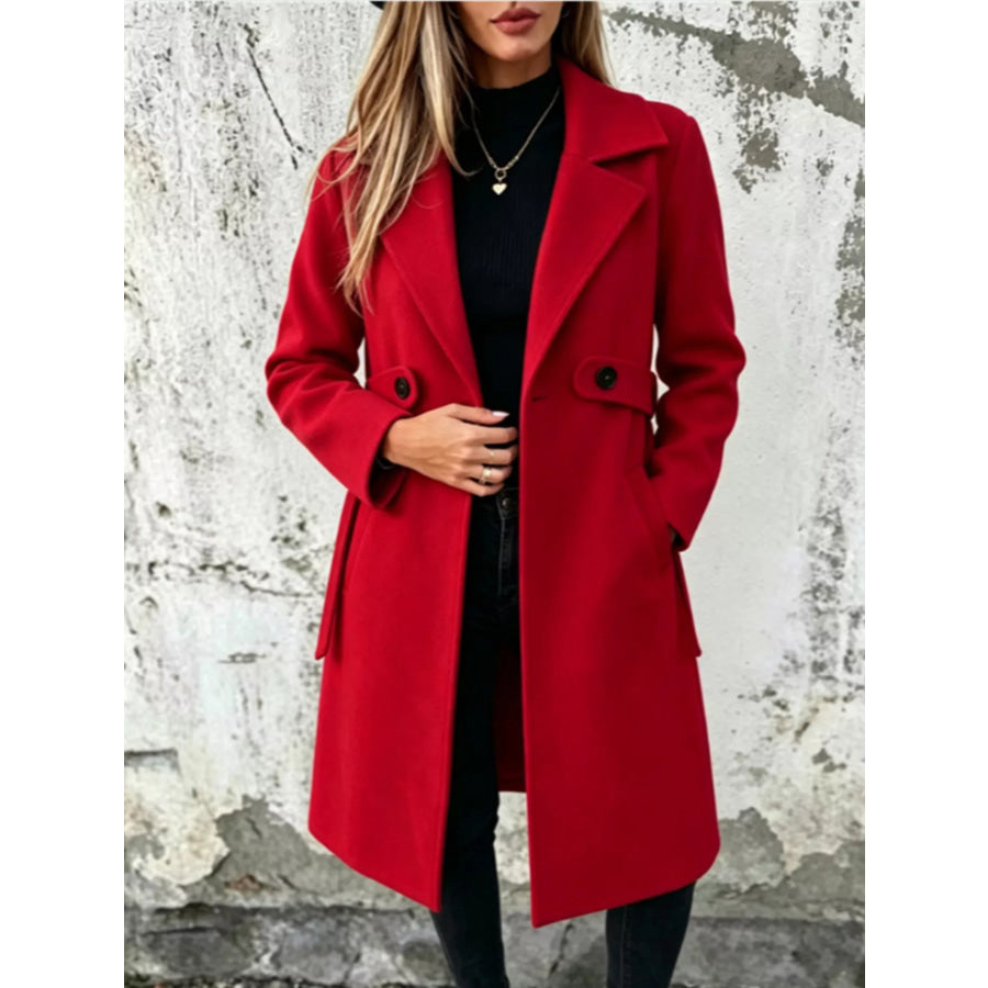 Full Size Lapel Collar Longline Overcoat Plus Red / XS Apparel and Accessories