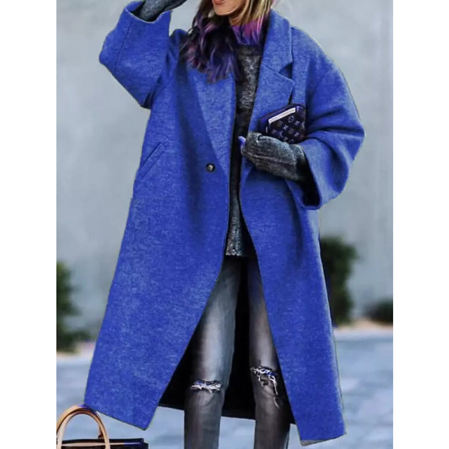 Full Size Lapel Collar One Button Coat Plus Bright Blue / S Apparel and Accessories