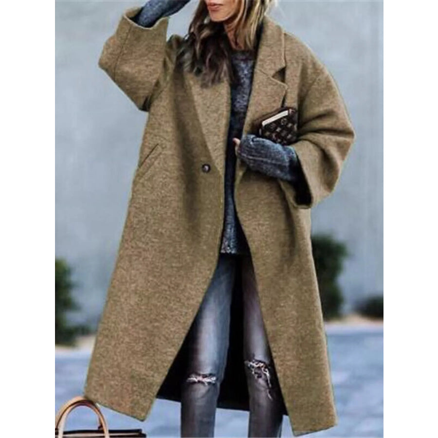 Full Size Lapel Collar One Button Coat Plus Khaki / S Apparel and Accessories