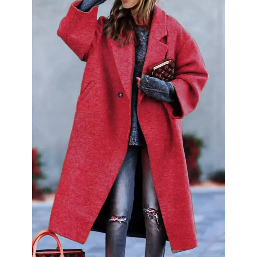 Full Size Lapel Collar One Button Coat Plus Red / S Apparel and Accessories