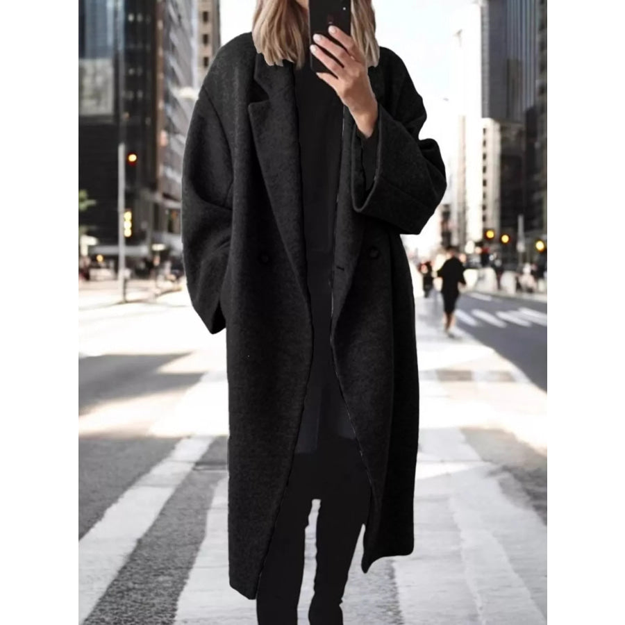 Full Size Lapel Collar Wool Blend Longline Coat Plus Size Black / S Apparel and Accessories