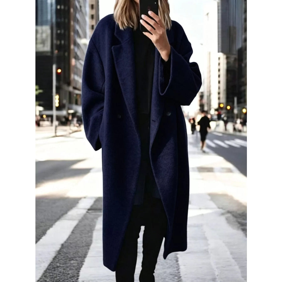 Full Size Lapel Collar Wool Blend Longline Coat Plus Size Dark Blue / S Apparel and Accessories