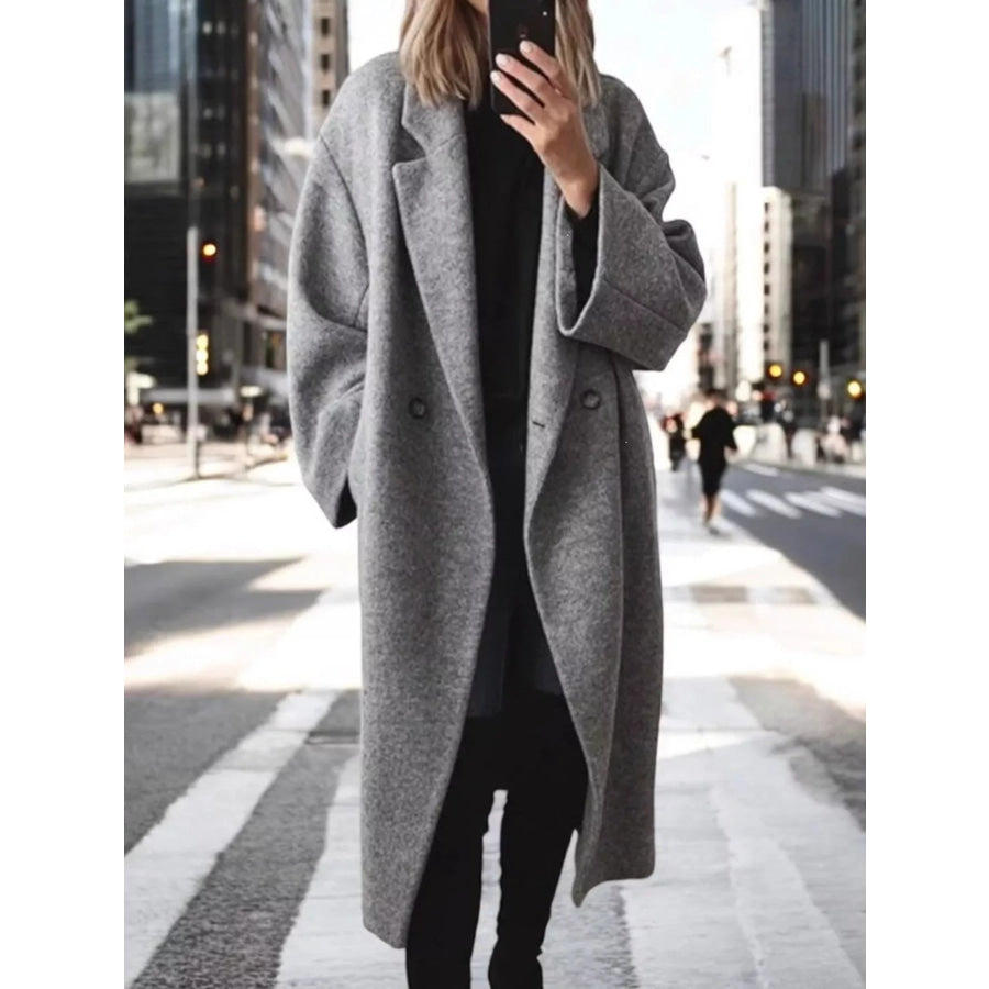 Full Size Lapel Collar Wool Blend Longline Coat Plus Size Gray / S Apparel and Accessories