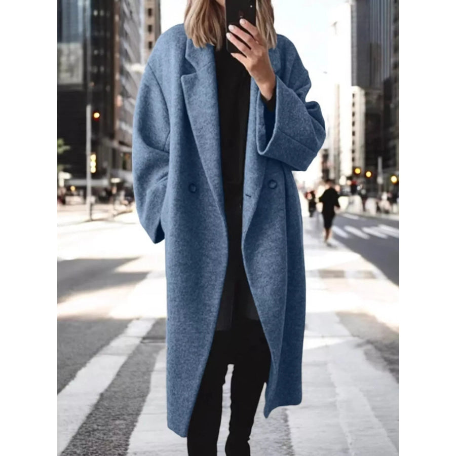 Full Size Lapel Collar Wool Blend Longline Coat Plus Size Navy / S Apparel and Accessories