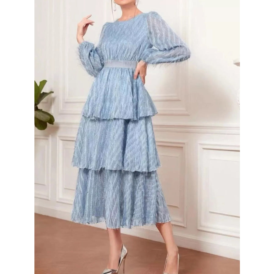 Full Size Layered Balloon Sleeve Midi Dress Plus Size Apparel and Accessories