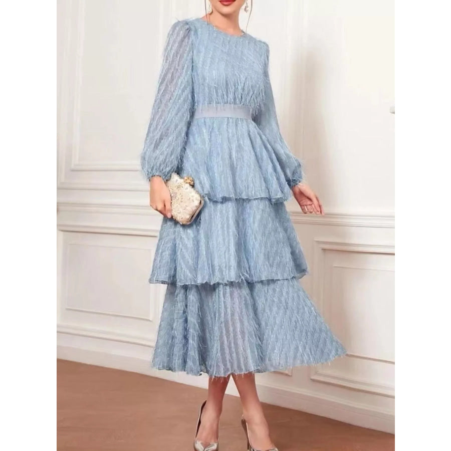 Full Size Layered Balloon Sleeve Midi Dress Plus Size Apparel and Accessories