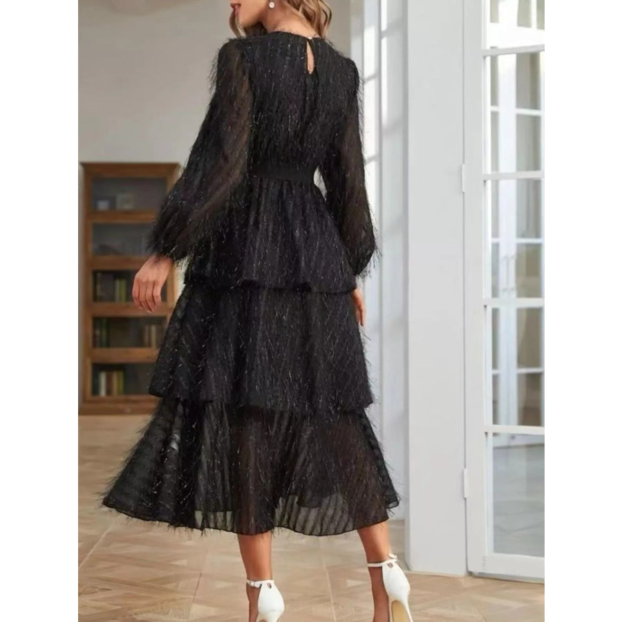 Full Size Layered Balloon Sleeve Midi Dress Plus Size Apparel and Accessories