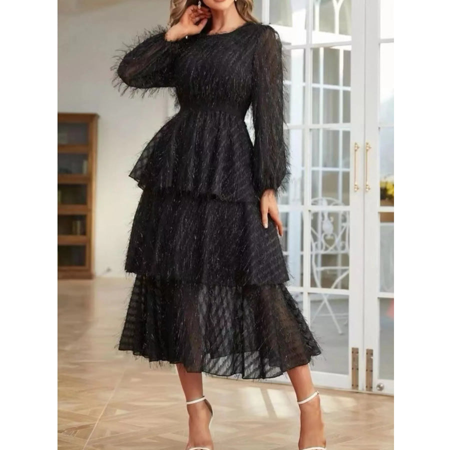 Full Size Layered Balloon Sleeve Midi Dress Plus Size Black / S Apparel and Accessories