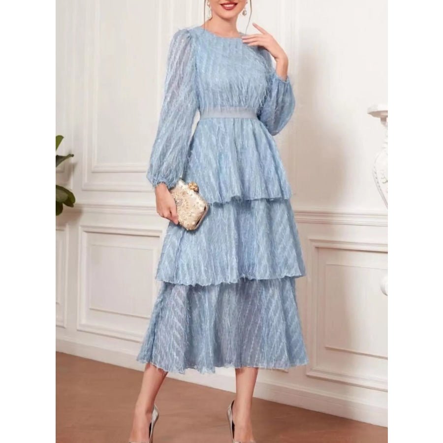 Full Size Layered Balloon Sleeve Midi Dress Plus Size Sky Blue / S Apparel and Accessories