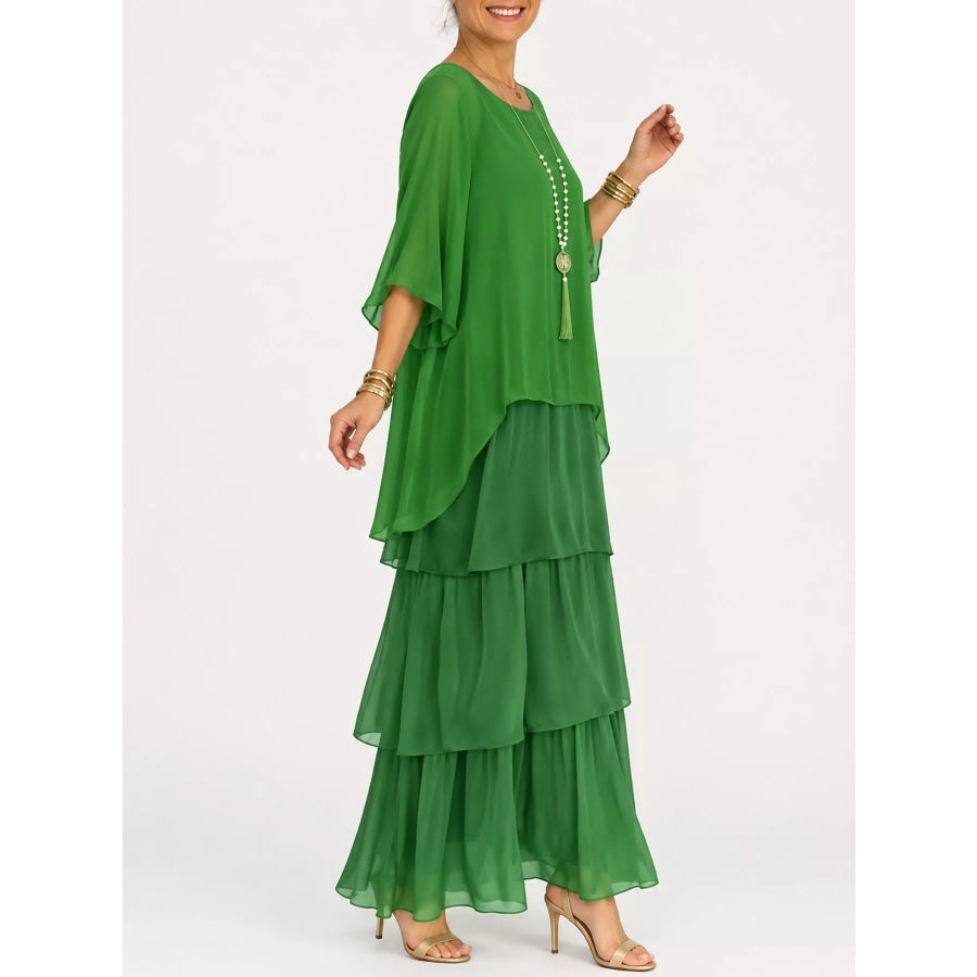Full Size Layered Batwing Sleeve Maxi Dress Plus Apparel and Accessories