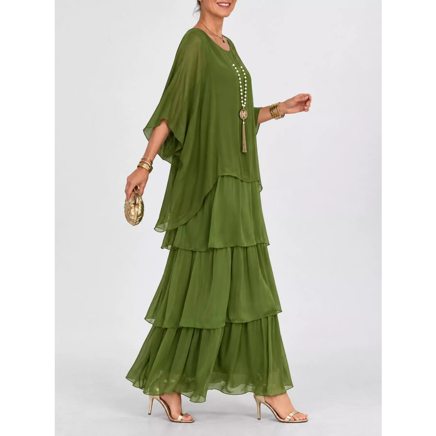 Full Size Layered Batwing Sleeve Maxi Dress Plus Apparel and Accessories
