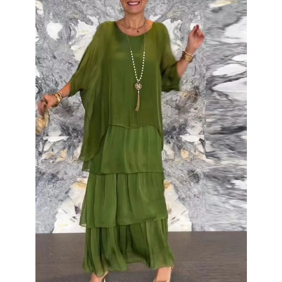 Full Size Layered Batwing Sleeve Maxi Dress Plus Army Green / S Apparel and Accessories