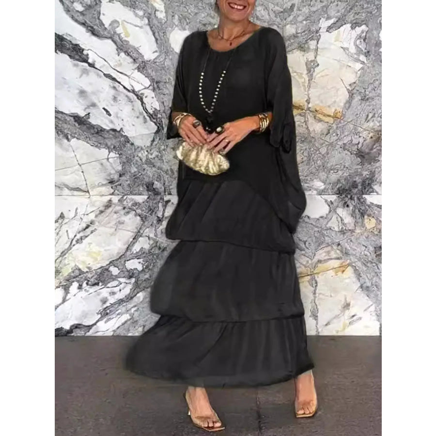 Full Size Layered Batwing Sleeve Maxi Dress Plus Black / S Apparel and Accessories