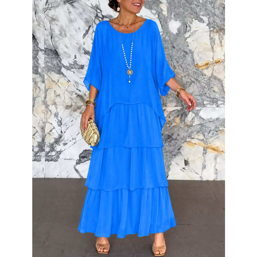 Full Size Layered Batwing Sleeve Maxi Dress Plus Blue / S Apparel and Accessories