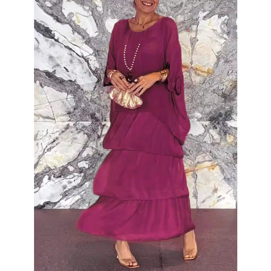 Full Size Layered Batwing Sleeve Maxi Dress Plus Dark Red / S Apparel and Accessories