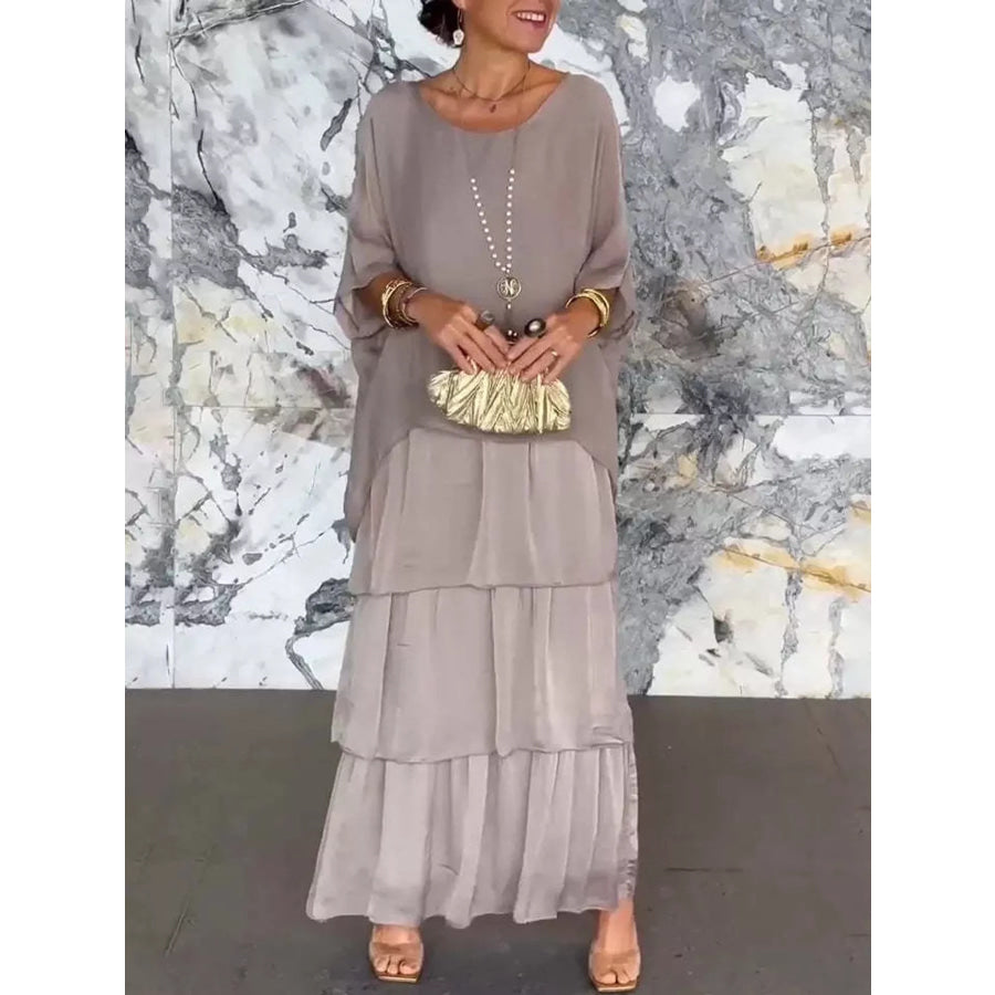 Full Size Layered Batwing Sleeve Maxi Dress Plus Gray / S Apparel and Accessories