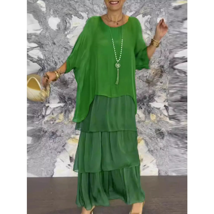 Full Size Layered Batwing Sleeve Maxi Dress Plus Green / S Apparel and Accessories