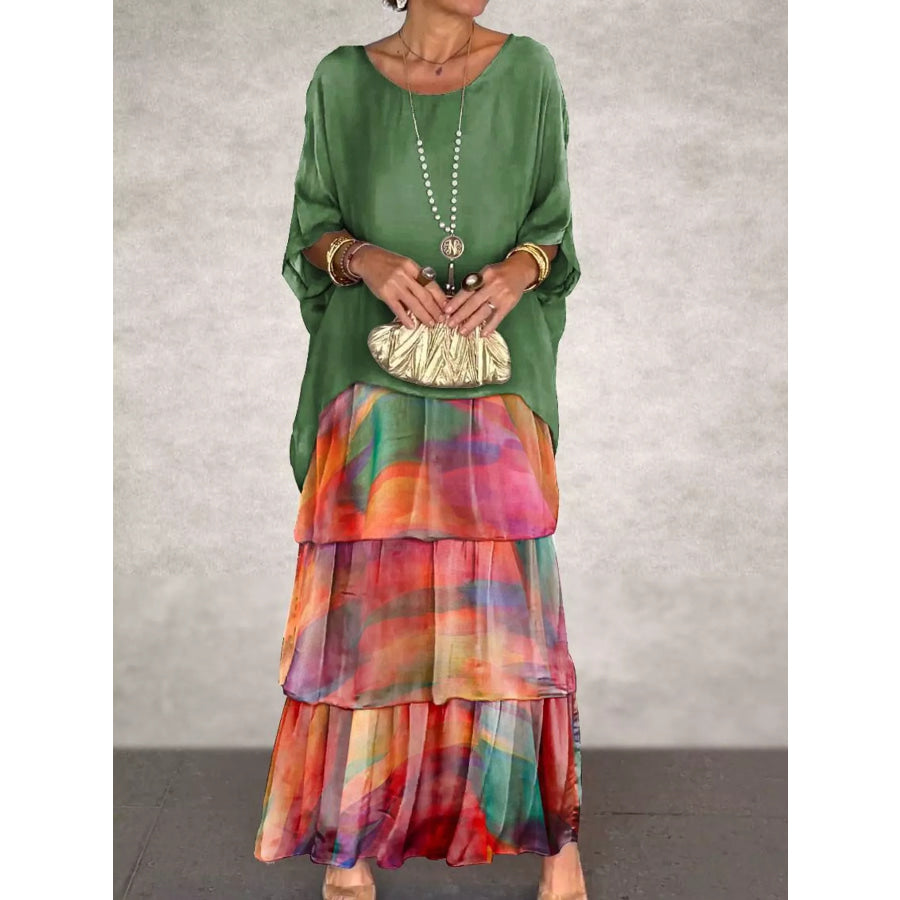 Full Size Layered Batwing Sleeve Maxi Dress Plus Multicolor-Print 3 / S Apparel and Accessories