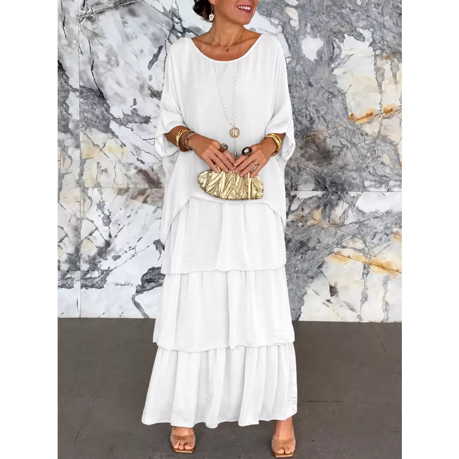 Full Size Layered Batwing Sleeve Maxi Dress Plus White / S Apparel and Accessories