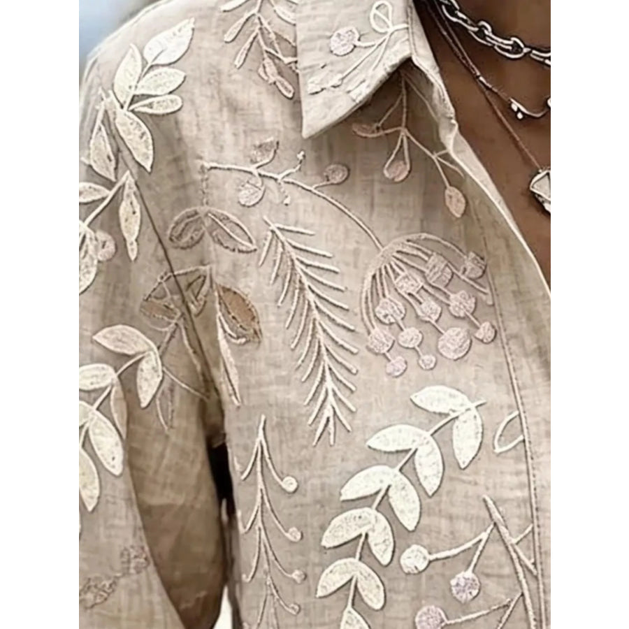 Full Size Leaf Embroidered Button-Down Shirt Plus Apparel and Accessories