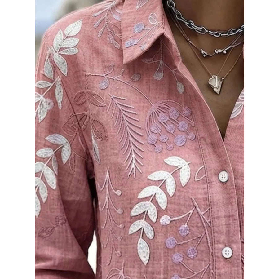 Full Size Leaf Embroidered Button-Down Shirt Plus Apparel and Accessories