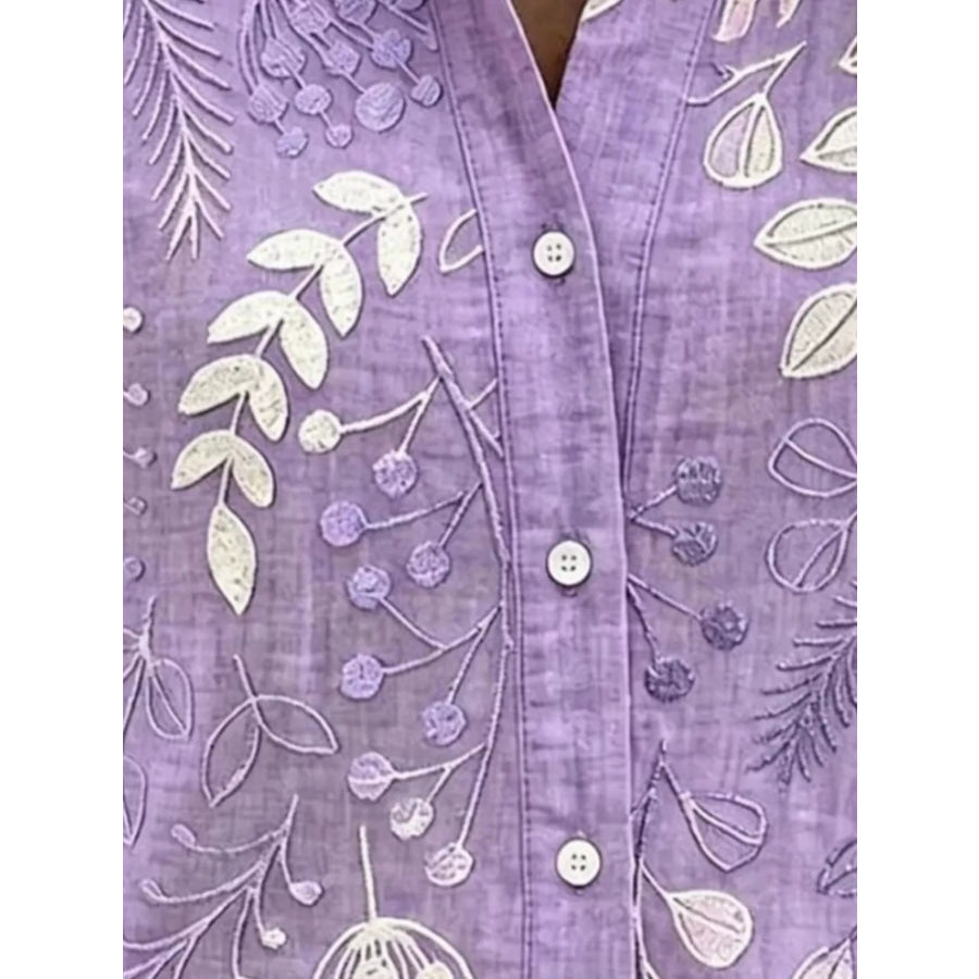 Full Size Leaf Embroidered Button-Down Shirt Plus Apparel and Accessories