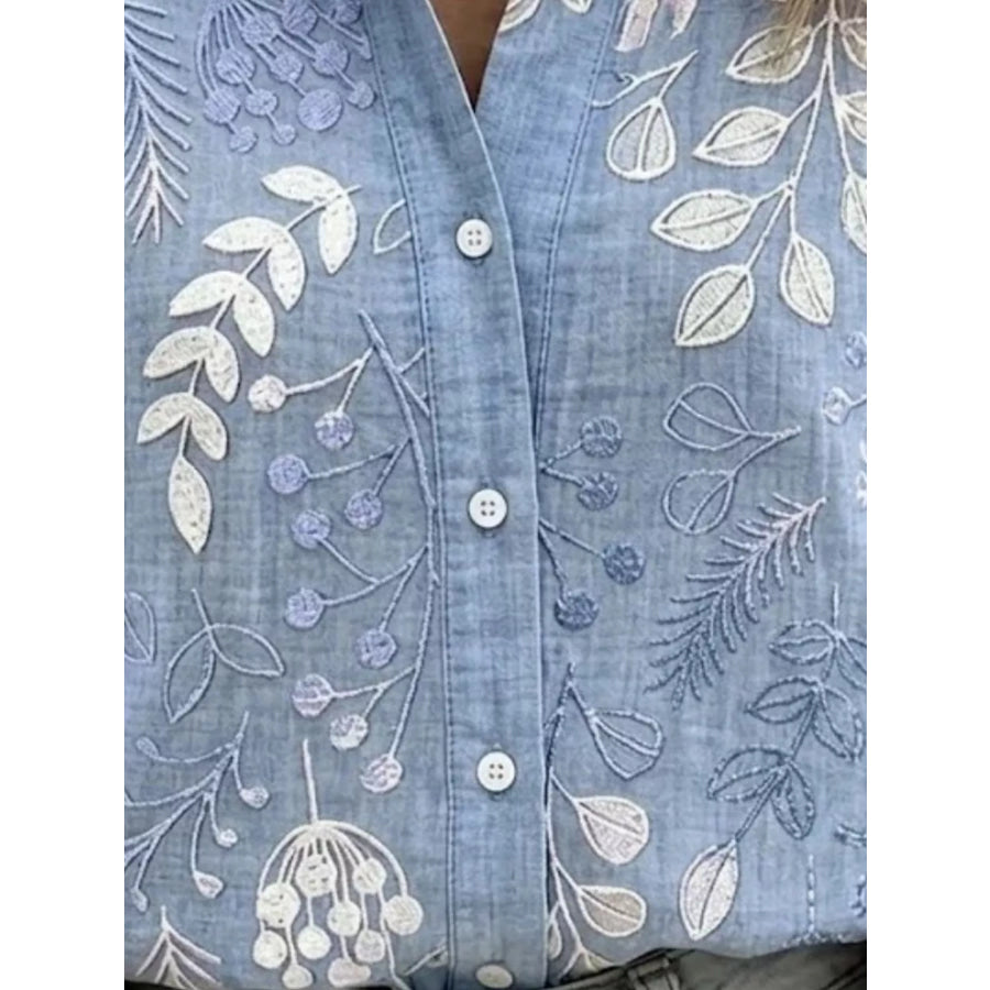 Full Size Leaf Embroidered Button-Down Shirt Plus Apparel and Accessories