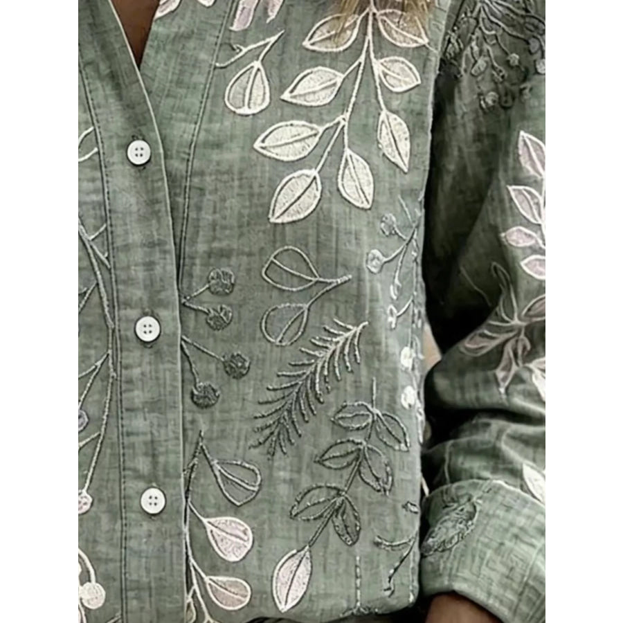 Full Size Leaf Embroidered Button-Down Shirt Plus Apparel and Accessories