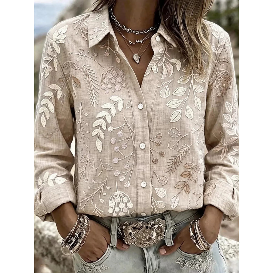 Full Size Leaf Embroidered Button-Down Shirt Plus Beige / S Apparel and Accessories