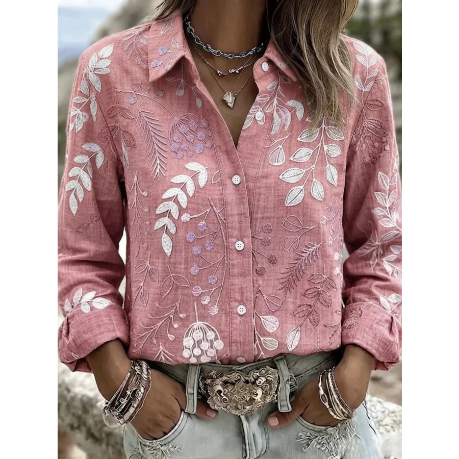 Full Size Leaf Embroidered Button-Down Shirt Plus Dusty Pink / S Apparel and Accessories