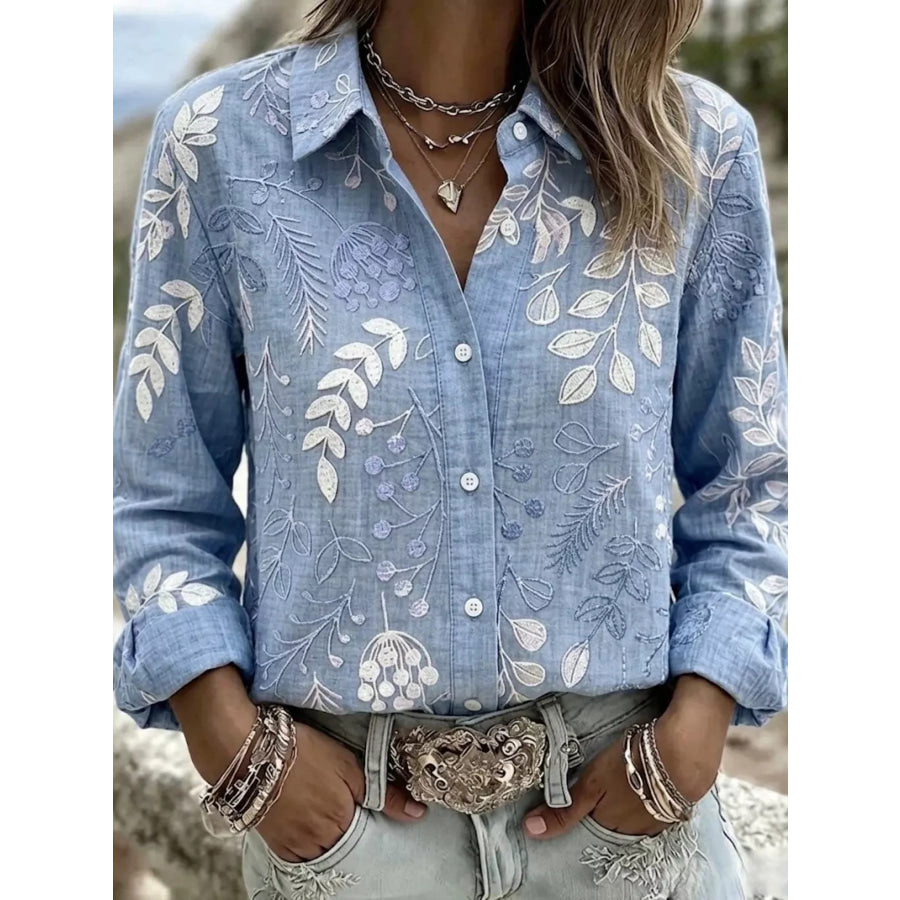Full Size Leaf Embroidered Button-Down Shirt Plus Light Blue / S Apparel and Accessories