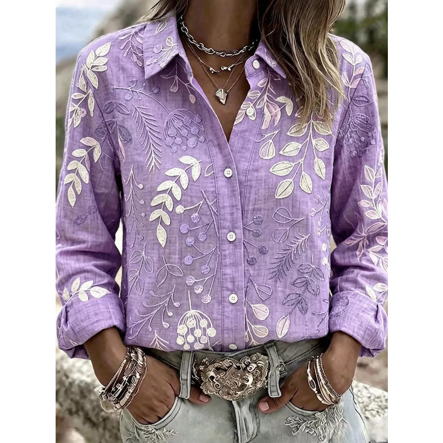 Full Size Leaf Embroidered Button-Down Shirt Plus Mauve / S Apparel and Accessories