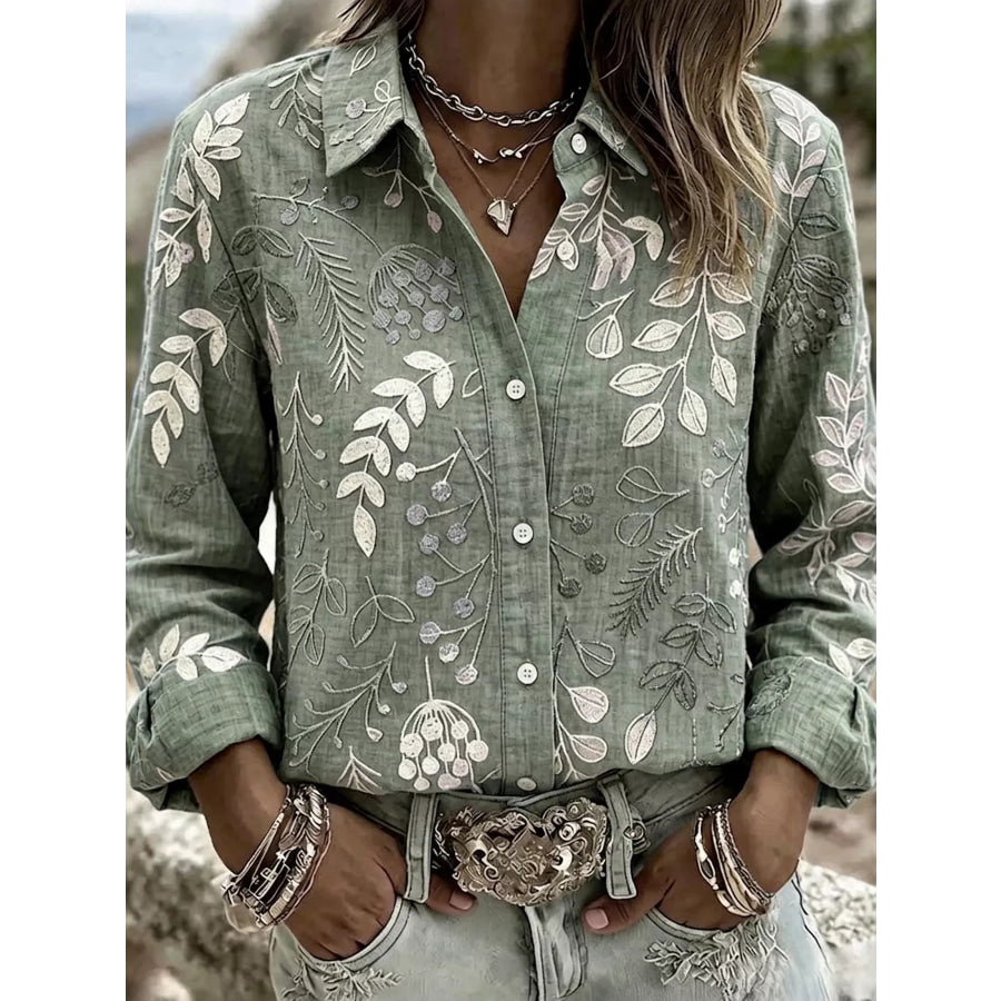 Full Size Leaf Embroidered Button-Down Shirt Plus Sage / S Apparel and Accessories