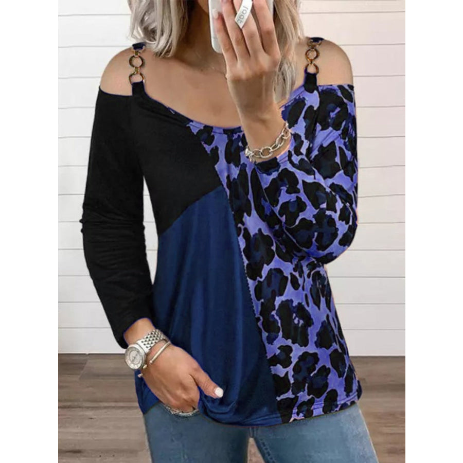 Full Size Leopard Cold Shoulder Long Sleeve T-Shirt Peacock Blue / S Apparel and Accessories