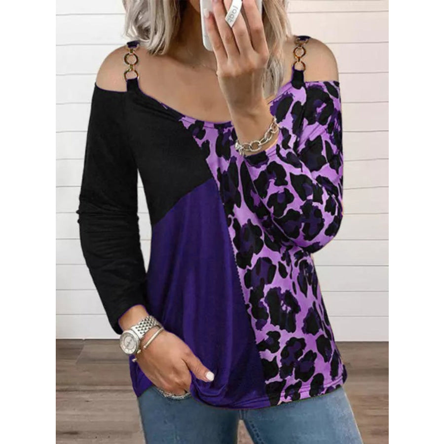 Full Size Leopard Cold Shoulder Long Sleeve T-Shirt Pink Purple / S Apparel and Accessories