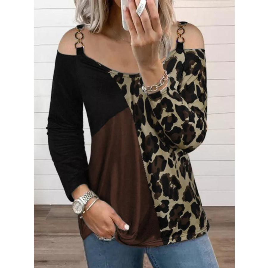 Full Size Leopard Cold Shoulder Long Sleeve T-Shirt Taupe / S Apparel and Accessories