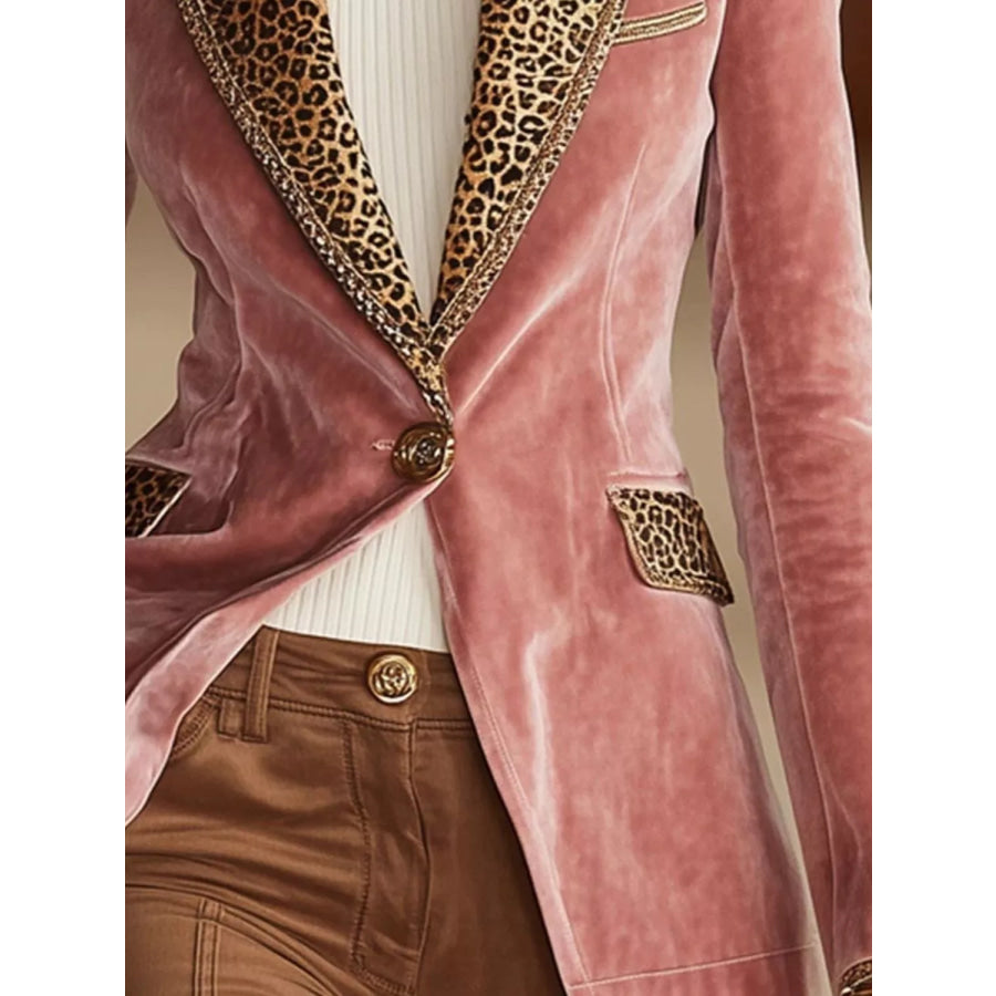 Full Size Leopard Collar One Button Blazer Plus Apparel and Accessories