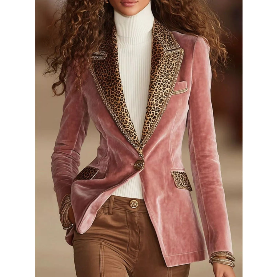 Full Size Leopard Collar One Button Blazer Plus Pink / S Apparel and Accessories