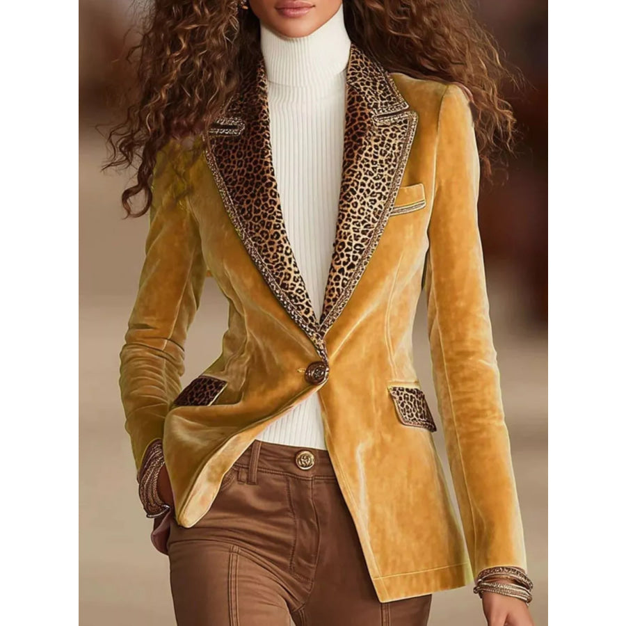 Full Size Leopard Collar One Button Blazer Plus Yellow / S Apparel and Accessories
