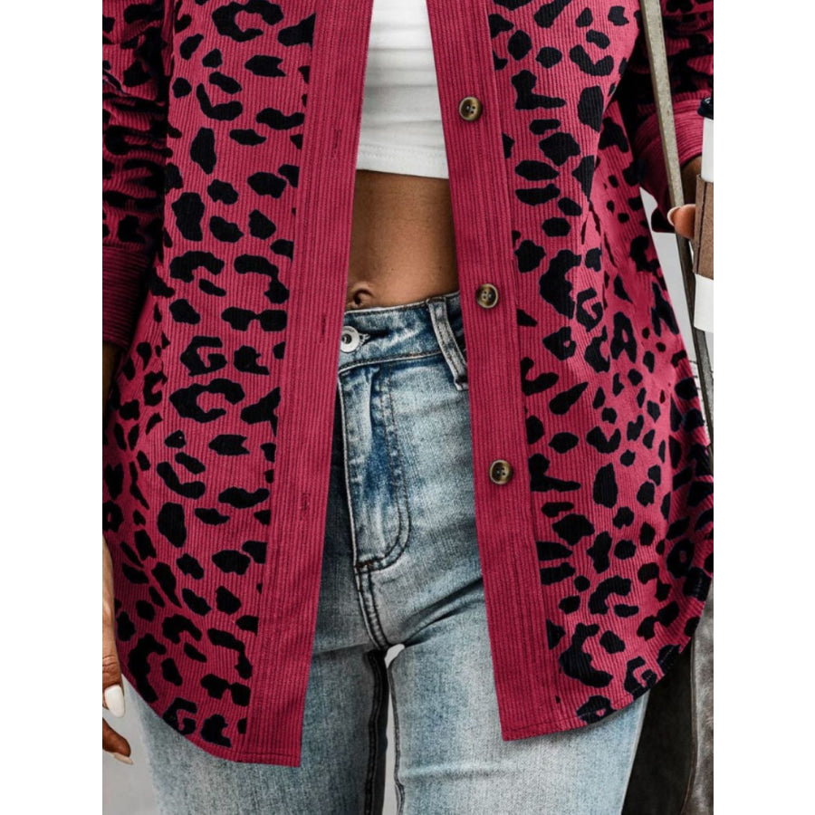 Full Size Leopard Collared Neck Button Up Long Sleeve Jacket Apparel and Accessories