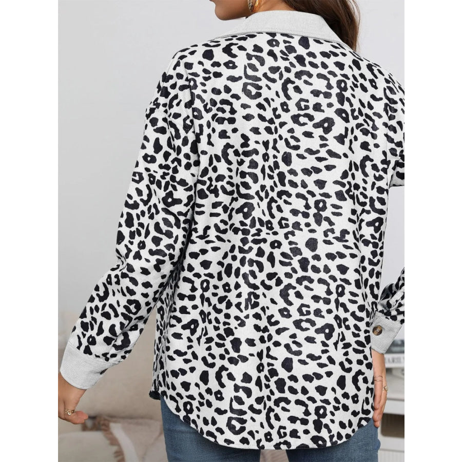 Full Size Leopard Collared Neck Button Up Long Sleeve Jacket Apparel and Accessories