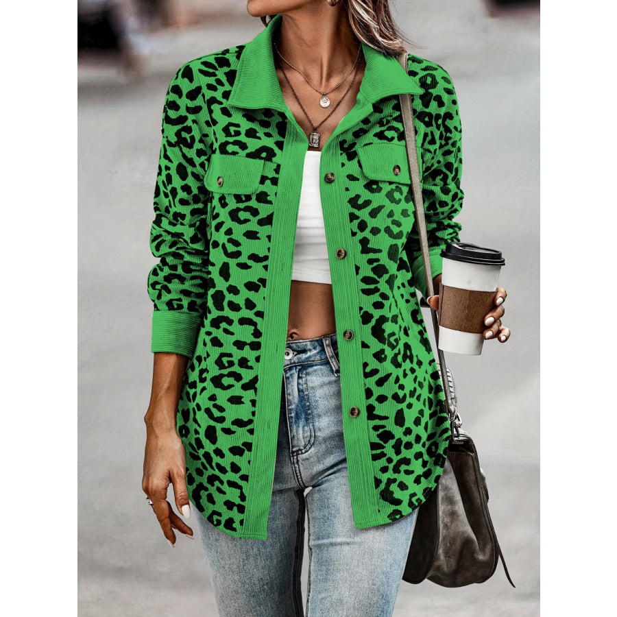 Full Size Leopard Collared Neck Button Up Long Sleeve Jacket Apparel and Accessories