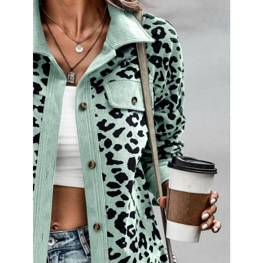 Full Size Leopard Collared Neck Button Up Long Sleeve Jacket Apparel and Accessories