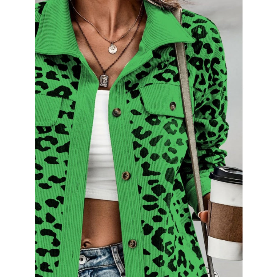 Full Size Leopard Collared Neck Button Up Long Sleeve Jacket Apparel and Accessories