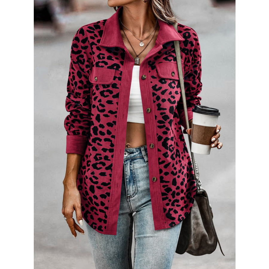 Full Size Leopard Collared Neck Button Up Long Sleeve Jacket Burgundy / S Apparel and Accessories