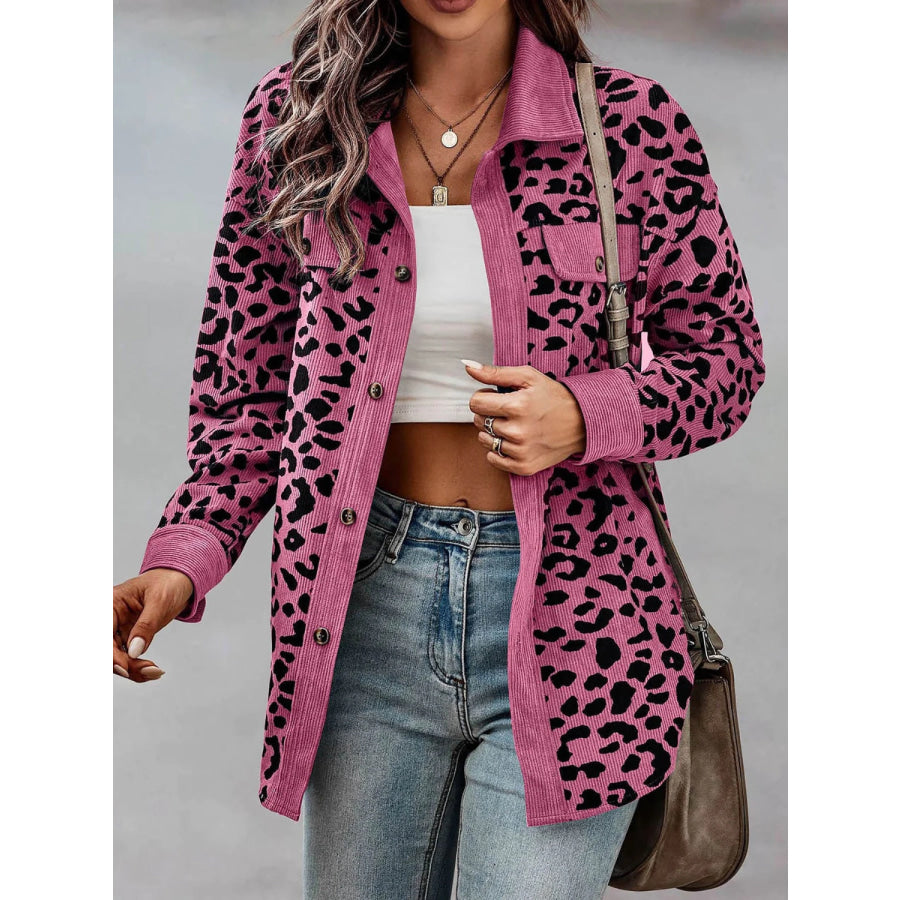 Full Size Leopard Collared Neck Button Up Long Sleeve Jacket Cerise / S Apparel and Accessories